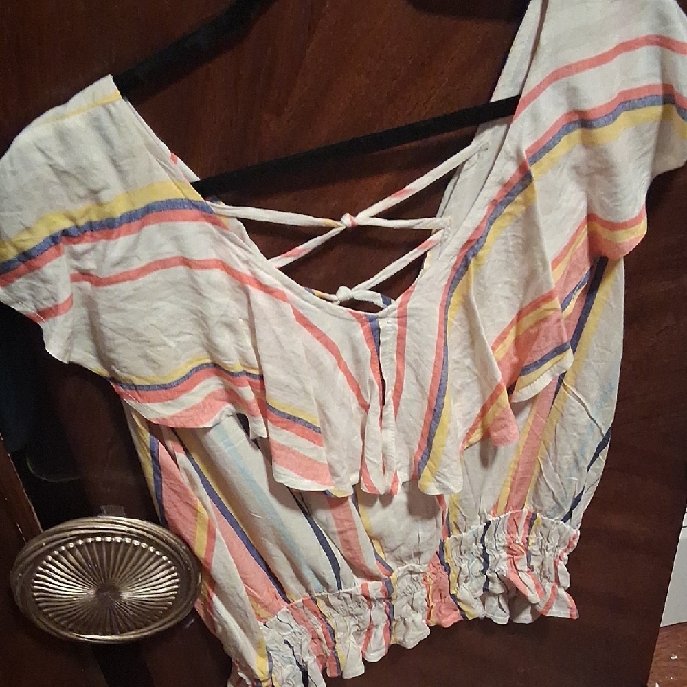 Striped Ruffle Blouse with Crisscross Back